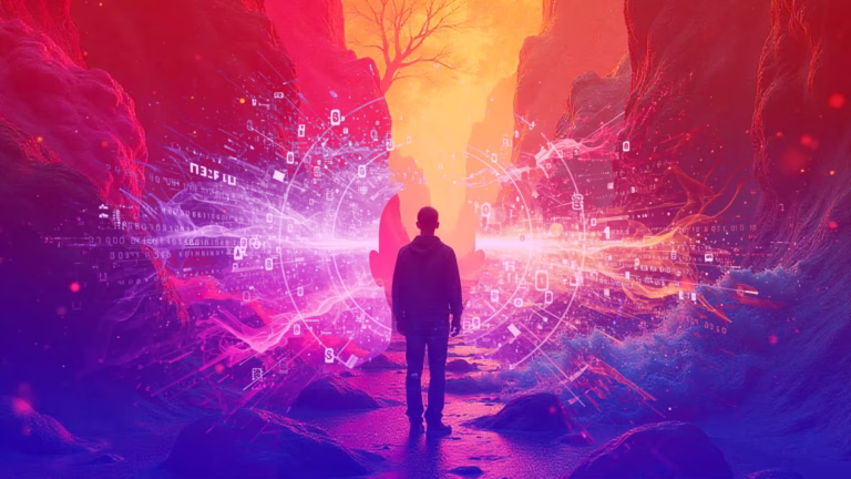 A figure stands in a vibrant landscape, surrounded by digital elements symbolizing AI and creativity.