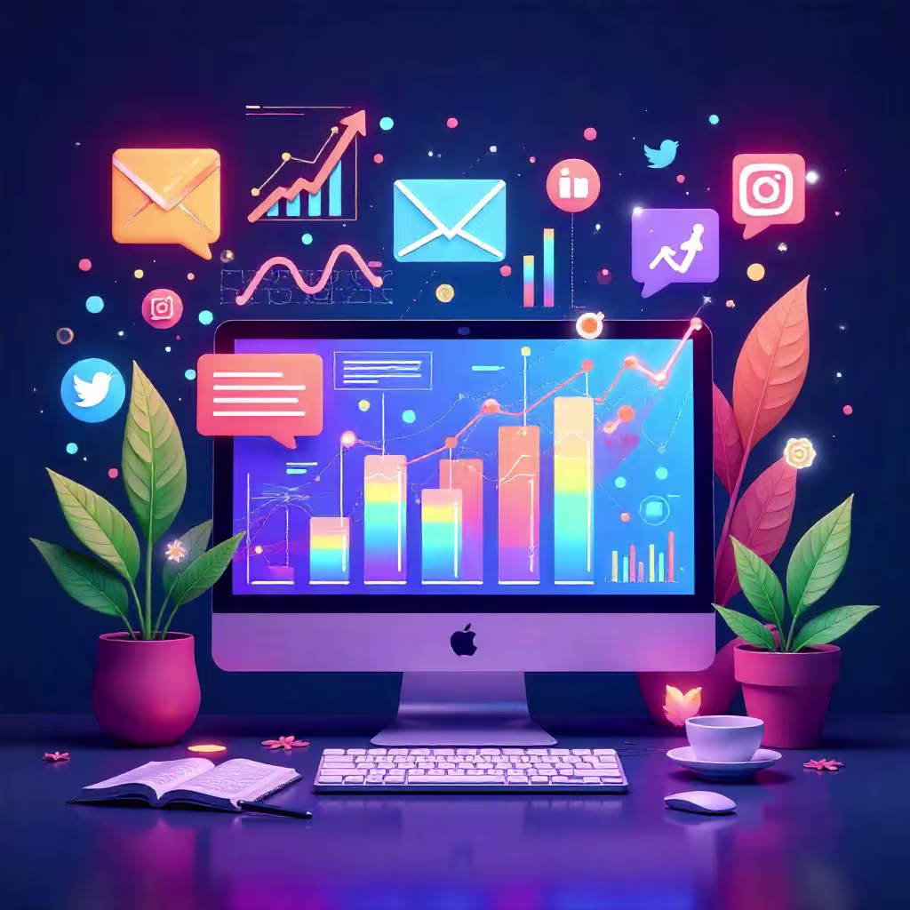 A colorful flat-style digital illustration representing the world of digital marketing. The scene features dynamic elements like graphs, analytics dashboards, email marketing icons, social media symbols (like Twitter, Instagram, and Facebook), SEO charts, and a laptop. The background includes vibrant gradients with shades of blue, purple, orange, and green. The composition is modern and energetic, highlighting data-driven strategy, online engagement, and marketing tools, without showing any people.