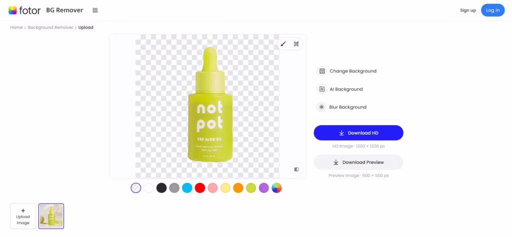 Screenshot of Fotor’s AI-powered background remover interface showing a portrait image with the background removed and replaced.