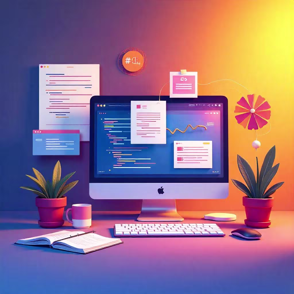 A colorful flat-style digital illustration representing the world of web design. The scene includes modern elements like HTML/CSS code windows, wireframes, design grids, UI components, and a laptop, all arranged creatively. The background features vibrant gradients with hues of blue, purple, pink, and orange. The design emphasizes creativity, technology, and user interface design, with a playful and dynamic composition.